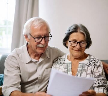 Completed Ontario Wills package executed at your home  Elderly couple sitting together at home holding their completed will package  man and woman with grey hair wearing white shirts smiling 