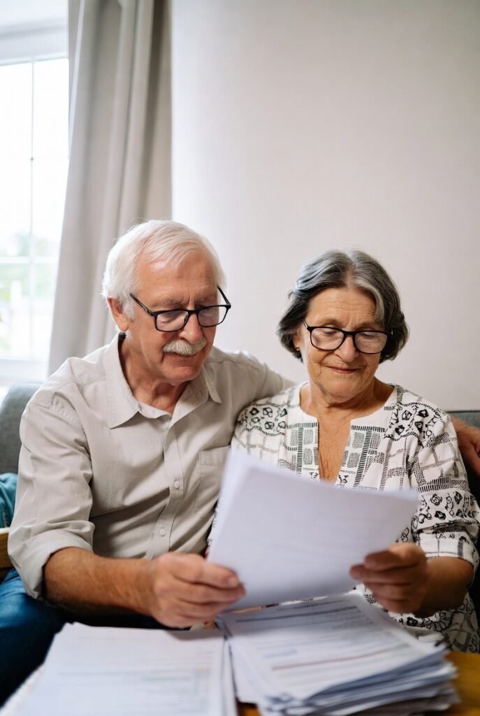 Completed Ontario Wills package executed at your home  Elderly couple sitting together at home holding their completed will package  man and woman with grey hair wearing white shirts smiling 