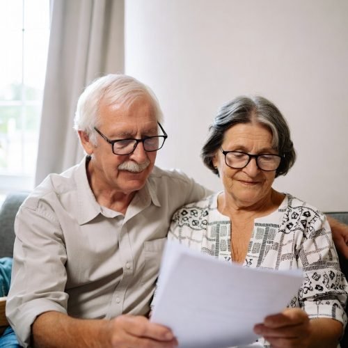 Completed Ontario Wills package executed at your home- Elderly couple sitting together at home holding their completed will package. man and woman with grey hair wearing white shirts smiling.
