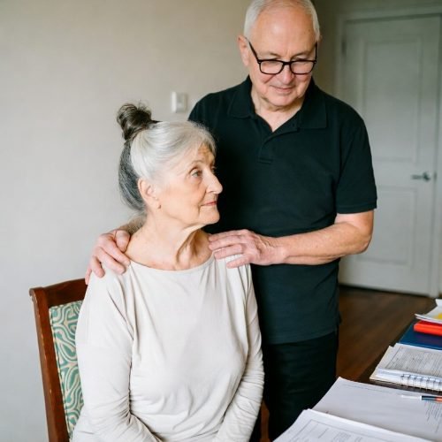 Older couple, woman sitting, man standing next to her with his hands on his shoulders. The man has glasses. Looking at clear no hidden fees on wills.