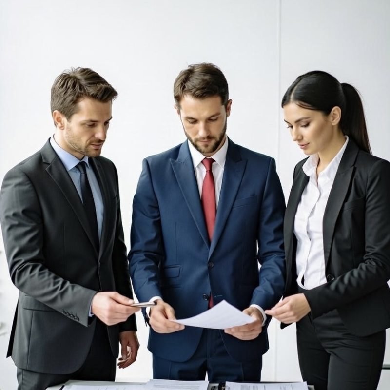 Lawyers standing looking at Wills and Power of Attorney documents that they are preparing in Hamilton Ontario wearing dark suits, there are to males and one female on the right
